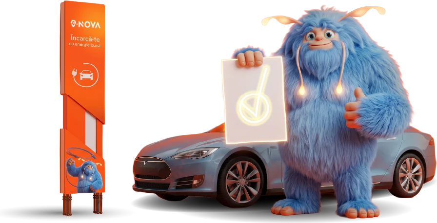 Mascota Novu arătând o bifă, lângă o mașină electrică și o stație EV-NOVA